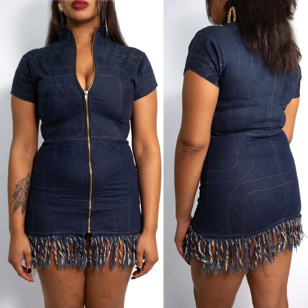 Denim motto style fringe dress